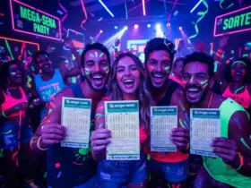 Um grupo de quatro jovens, duas mulheres e dois homens, sorridentes e comemorando em uma festa neon. Todos estão com pinturas faciais fluorescentes, roupas coloridas e bastões de luz ao fundo em um ambiente escuro iluminado por luz negra. Cada um deles segura erguido um bilhete de aposta da Mega-Sena com o padrão verde e o logotipo da Caixa.