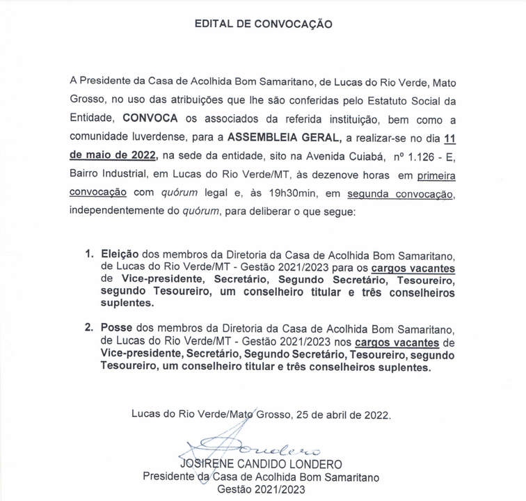 EDITAL DE CONVOCAÇÃO – Casa de acolhida Bom Samaritano
