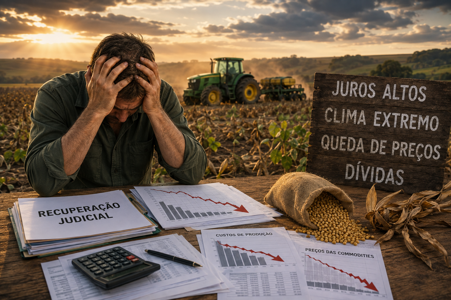 Combinação de altos custos de produção, queda nas commodities, juros elevados e eventos climáticos pressiona a margem do setor e eleva o endividamento no campo.