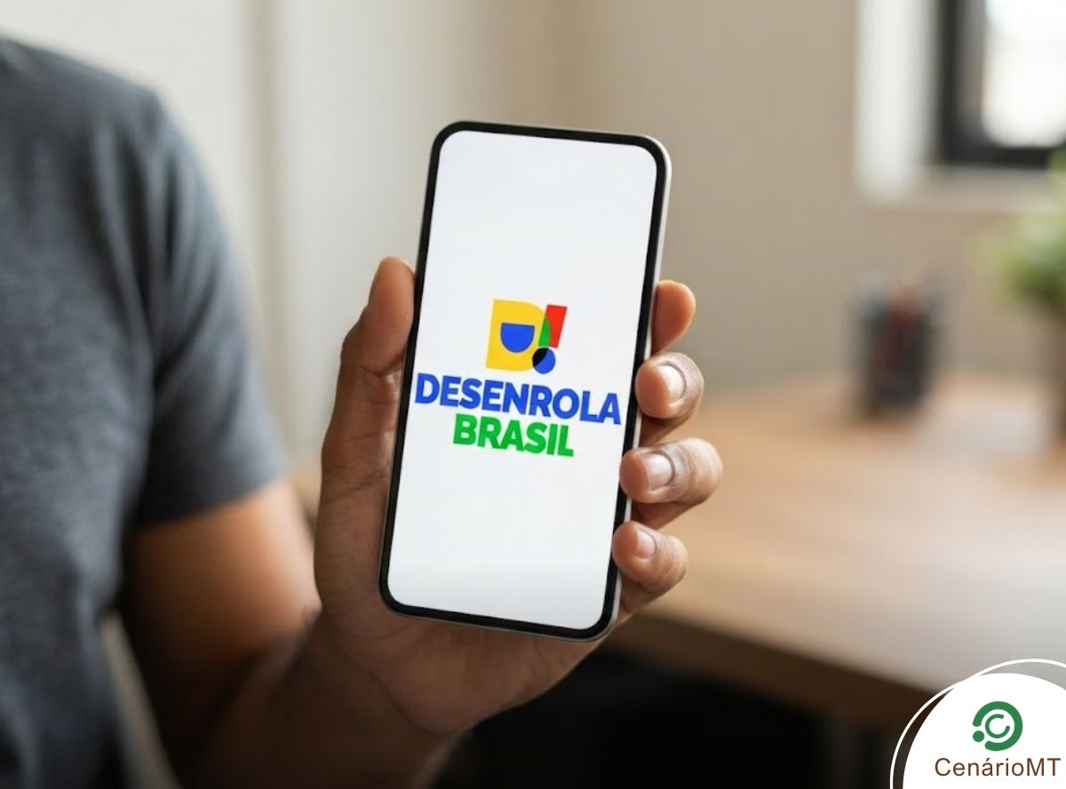 Homem segurando celular com Desenrola Brasil na tela