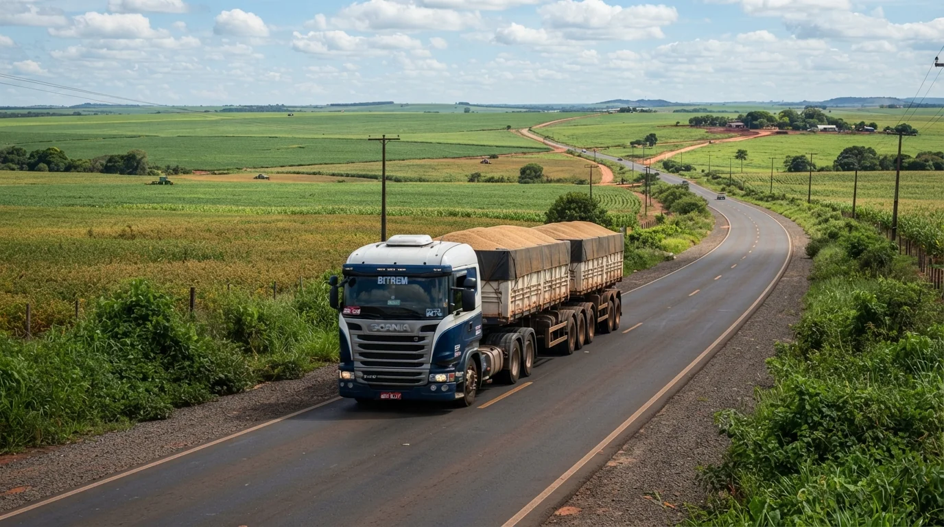 Caminhão bitrem carregado de grãos trafegando em rodovia pavimentada cercada por lavouras em Mato Grosso