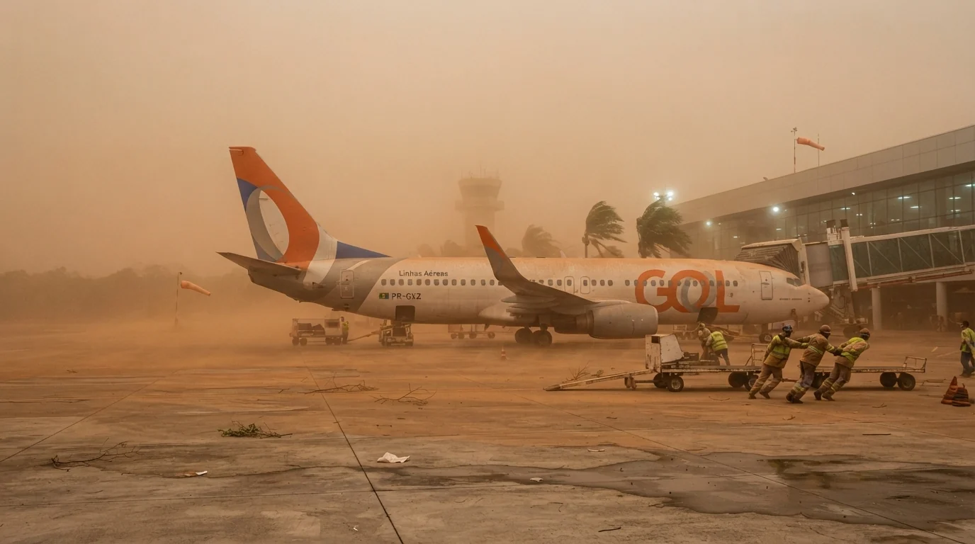 Forte ventania levanta poeira e encobre avião no Aeroporto de Sinop; prefeitura registra quedas de árvores