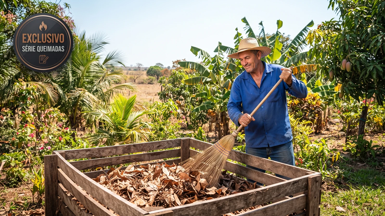 Morador recolhendo folhas secas para compostagem em quintal residencial no interior de Mato Grosso.
