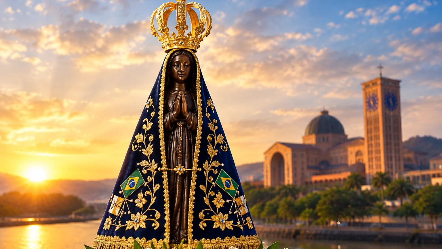 Nossa Senhora sob o pôr do sol dourado