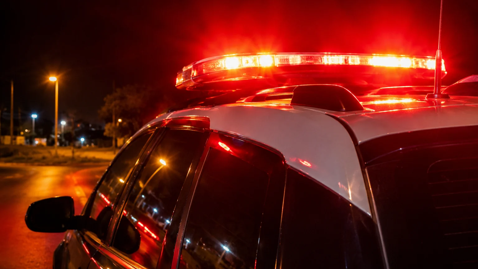 Viatura policial sob luzes vermelhas