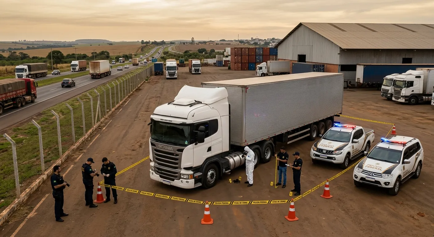 Pátio de empresa com carreta estacionada e isolamento policial para perícia em Rondonópolis.