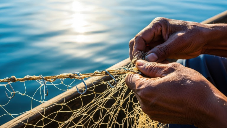 Pescador artesanal em atividade durante período de pesca, em referência ao pagamento do Seguro-Defeso pelo INSS.